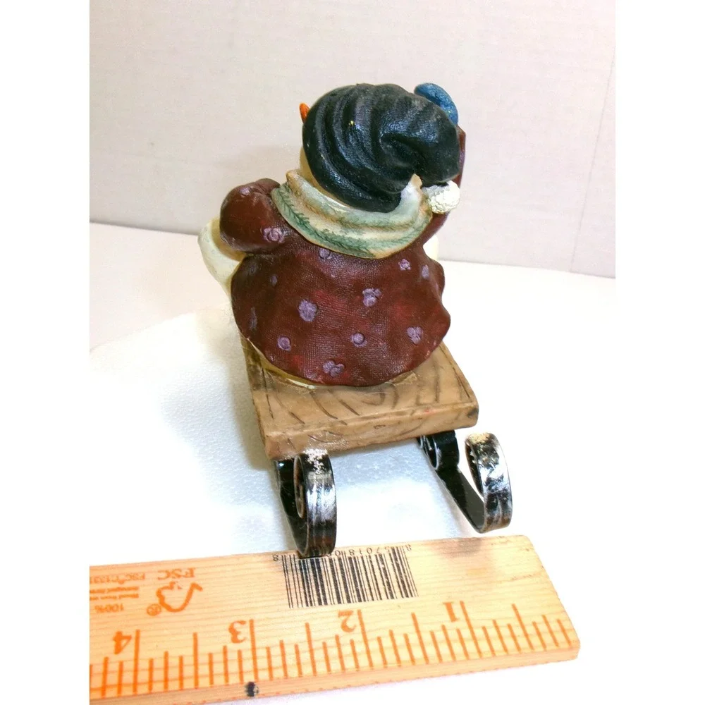 Snowman Set‎ of 3 Figurines Resin with Cherry Pie, Glass & Sledding Vintage